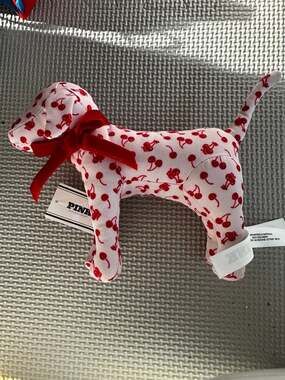 Victoria's Secret PINK Cherry Print Plush Dog with Red Velvet Bow NWT